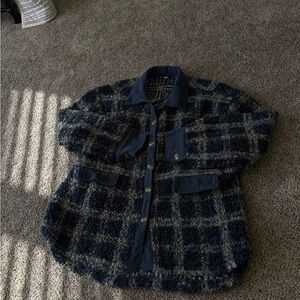 Plaid Teddy Button Down Oversized Shacket - Blue and Gray